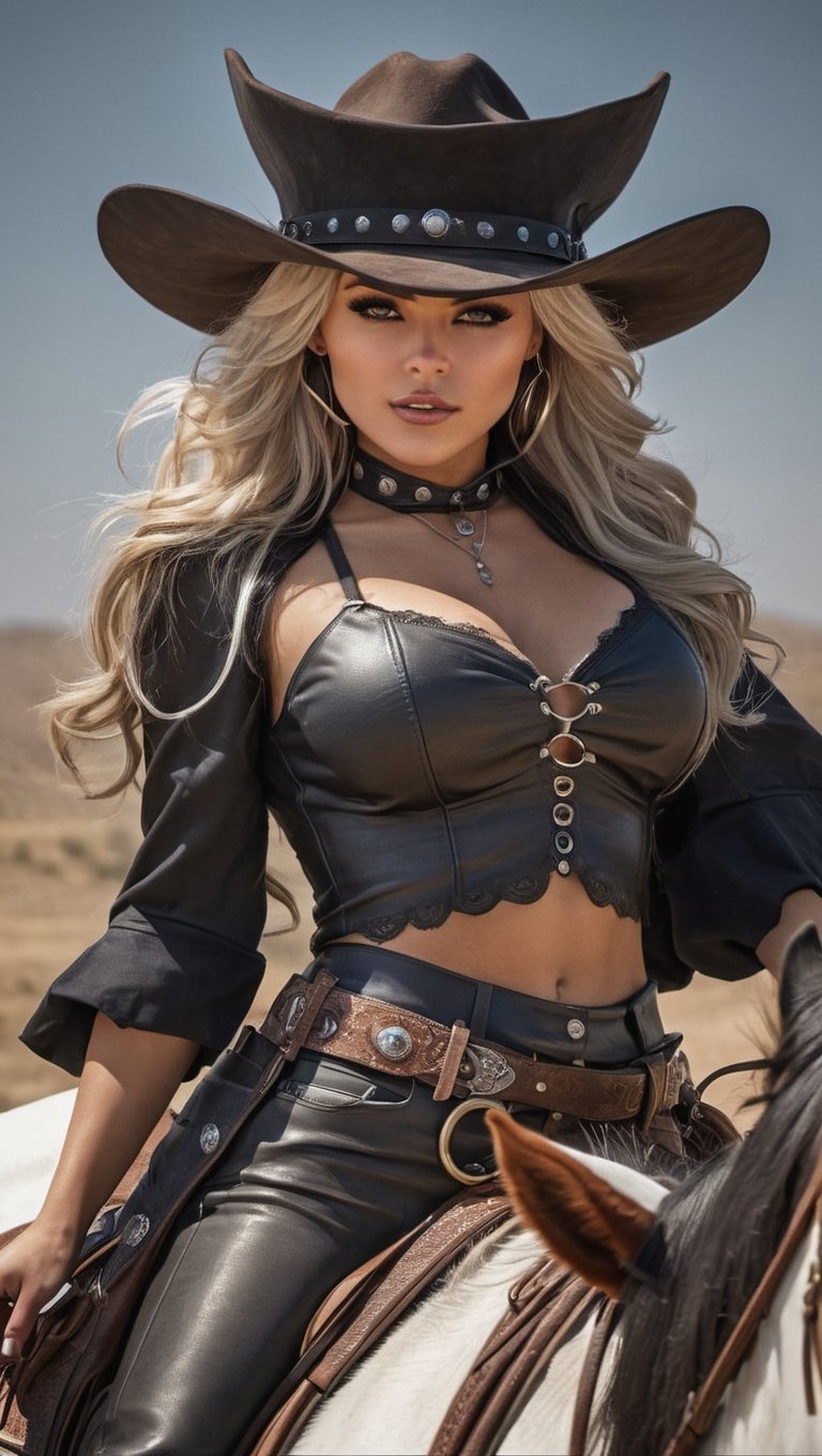 (Western villain Cowgirl), (Female), (Fantasy western Setting), | (Cowgirl riding a horse), | (FULL BODY Generation!!!), | (Insane clothing details), (Western Cowgirl Outfit), (aesthetic style), (Clothing show skin), (Choker), (Pistol on hip), (Western boots), (Earings), | (Long beautiful hair), (Interesting hair style), (Beautiful Face), (shiny Eyes), (Light skin), (Angry face expression), | (Kynetic body parts), (body in motion), (realistic face), (realistic limbs), (Proportionate body), (Human Anatomy), (aesthetic body), | (Complex Background), (High Resolution Image), (Cinematic), (stunning visual masterpiece!), (professional composition),

,机甲,cowgirl,HZ Steampunk