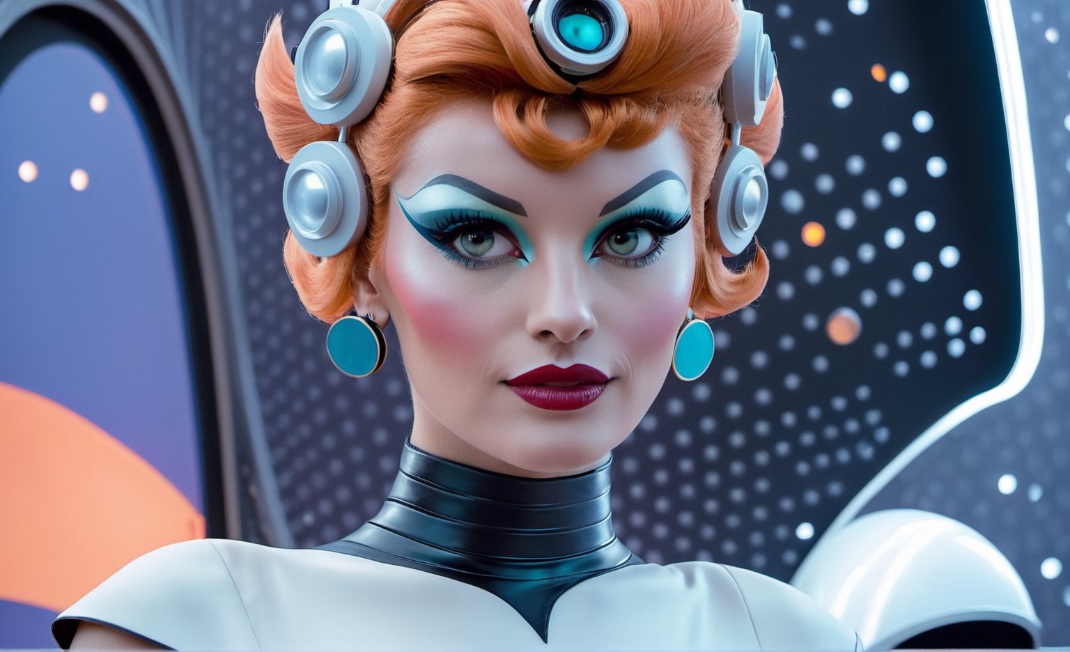 Woman resembling Judy Jetson at a retro-futuristic art gallery: Dressed in avant-garde attire, admiring futuristic artworks and installations. (Camera: Close-up shot focusing on Judy's appreciation of futuristic art.)