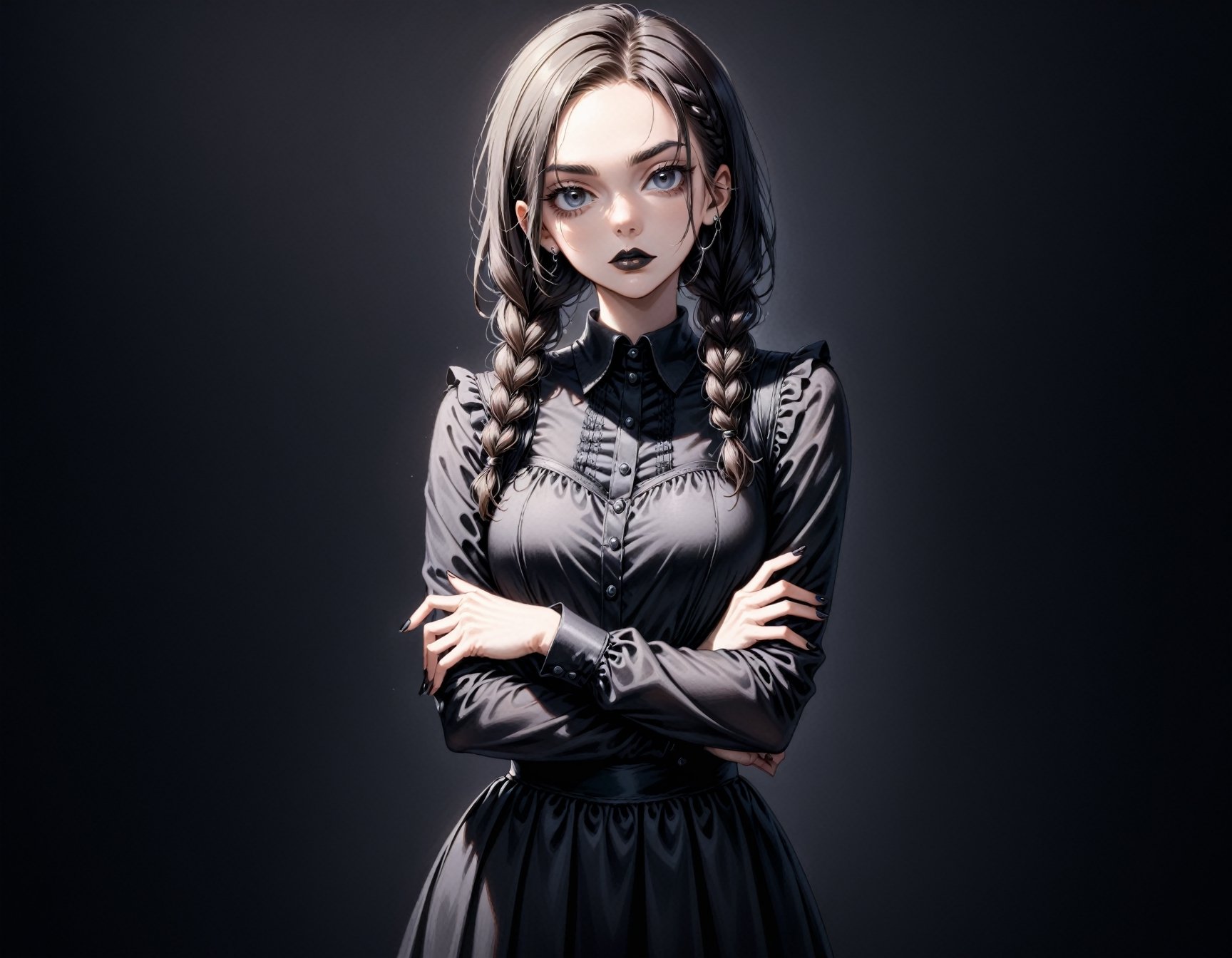 1girl, solo, black lips, black hair, dress, black dress, black nails, black eyes, crossed arms, black background, braid, black theme, looking at viewer, simple background, long sleeves, twin braids, bangs, long hair, dark-skinned female, collared dress, cowboy shot, dark skin, nail polish, Wednesday addams \(character \), character \(theme\)