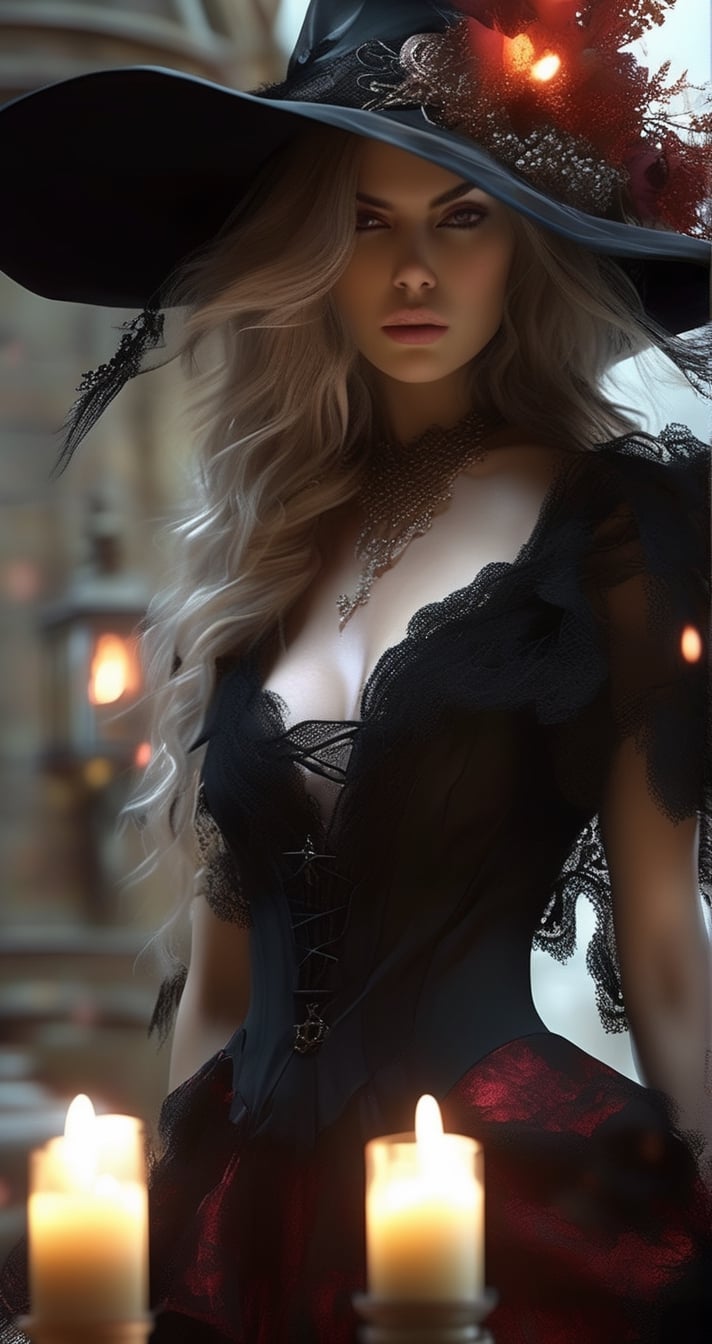 the vampire witch with hat and skeleton looking, in the style of eve ventrue, vray tracing, paul hedley, western-style portraits, cartelcore, uhd image, death burger