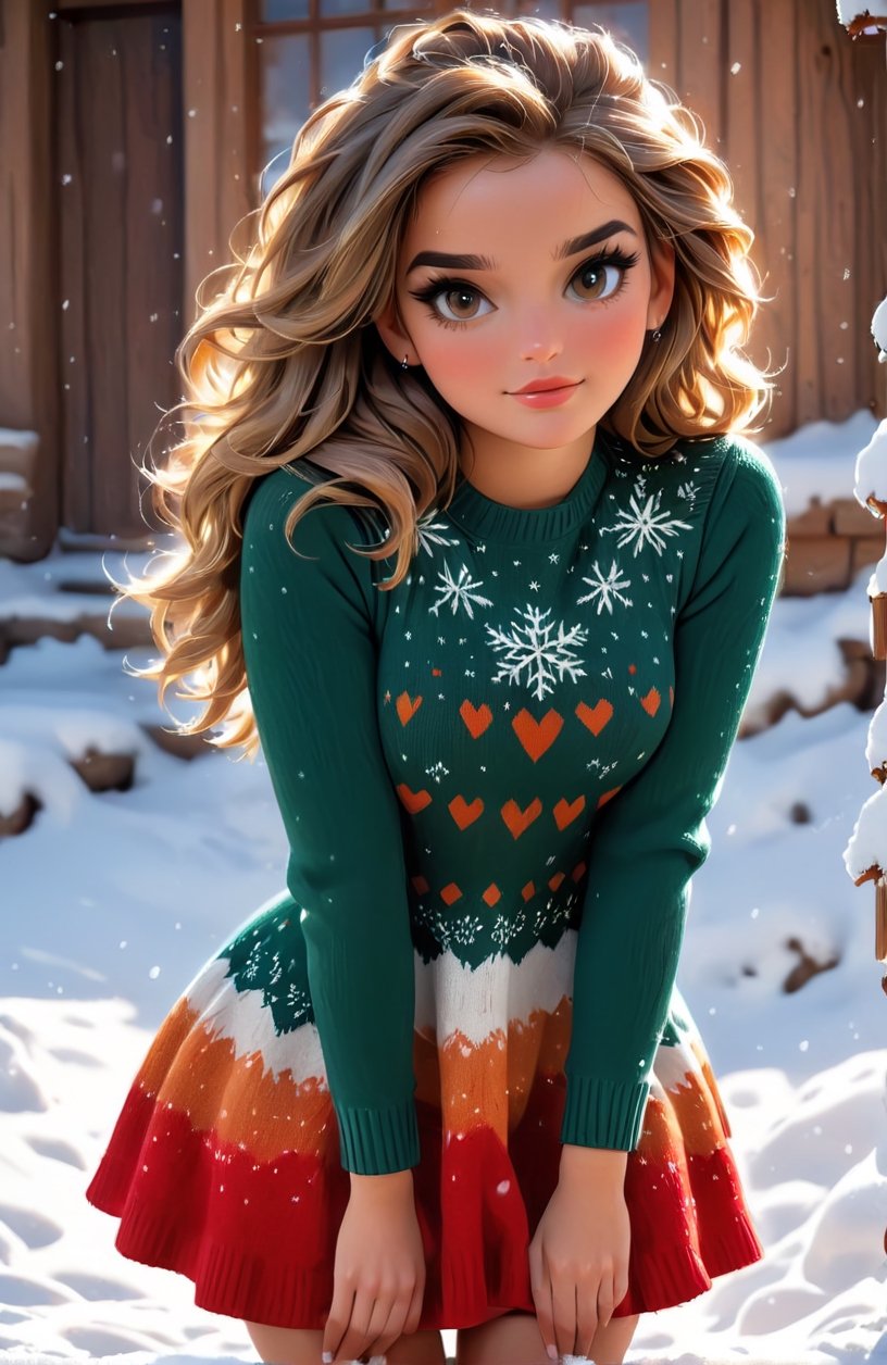 Full body portrait of a young woman with a knitted mini dress outfit, clear distinct light brown realistic eyes; Michael Garmash, Daniel F Gerhartz, strybk style, warm dreamy lighting, snow background, volumetric lighting, pulp adventure style, fluid acrylic, dynamic gradients, bold colour, illustration, highly detailed, simple, smooth and clean vector curves, vector art, smooth, johan grenier, character design, 3d shadowing, cinematic, ornate motifs, elegant organic framing, hyperrealism, posterized, masterpiece collection, bright lush colours, penumbra, wet gouache
