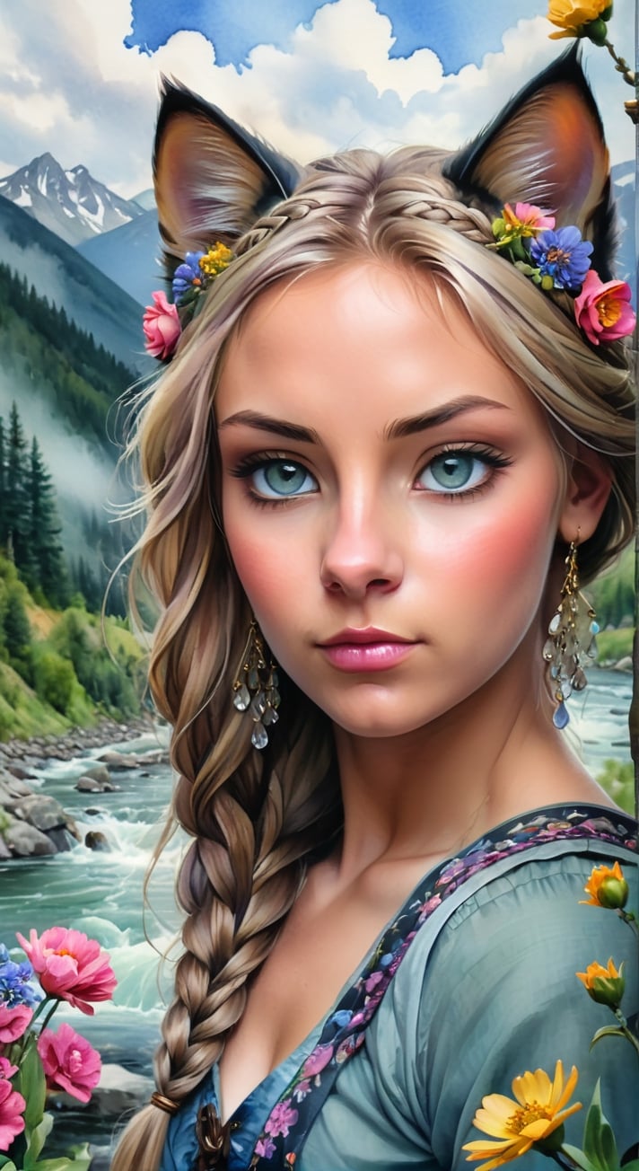 Cat Eyes big fluffy cat Ears braided hair woman Cat Eyes cat... watercolor in Shishkin style landscape, stormy river, bright flowers, sky, high mountains, dense trees, bridge, trending on artstation, sharp focus, studio photo, intricate details, highly detailed, by greg rutkowski