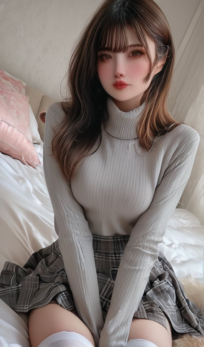 1girl, solo, long hair, looking at viewer, bangs, skirt, brown hair, black hair, thighhighs, long sleeves, sitting, closed mouth, underwear, panties, indoors, white panties, sweater, white thighhighs, lips, pillow, plaid, dutch angle, bed, on bed, plaid skirt, pantyshot, realistic, grey sweater