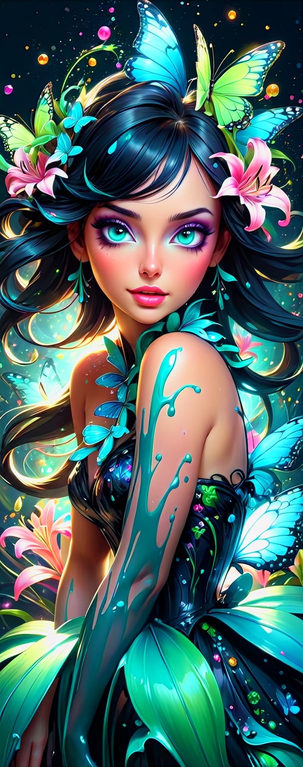 splash art, luminism, fantasy acrylic, digital painting, a close up mysterious fantasy black delicate Lilly, flowers, butterflies, sparks, magic creature made of colors, blue, pink turquoise, green, big reflective eyes, splash style of colorful paint, paint dripping, color waves, color drops, fairytale, beautiful full body ,dynamic lighting, artstation, by Peter Mohrbacher, craola, WLOP