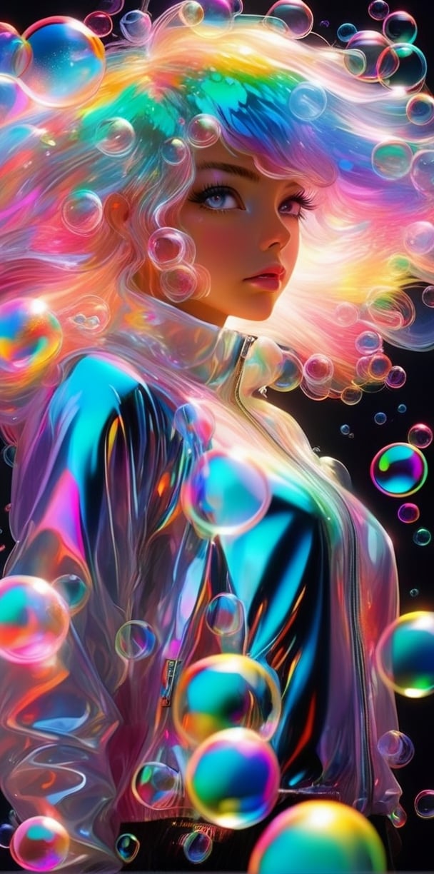 girl, anime, looking at viewer, bubbles, highly detailed, reflective transparent iridescent opaque jacket, long transparent iridescent RGB hair