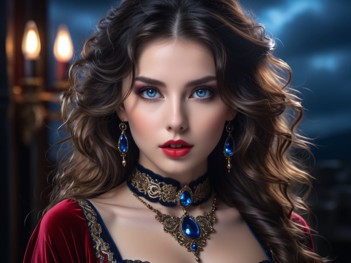 The Beauty, full body potrait of a photorealistic beautiful brunette seductress, long curly hair, dark sky, gloomy, exotic black and red victorian dress, choker style colar, blue color eyes, detailed face, cyperpunk, full body, magic fantasy, wow effect, rubens style, Miki Asai Macro photography, close-up, hyper detailed, trending on artstation, sharp focus, studio photo, intricate details, highly detailed, by greg rutkowski, Miki Asai Macro photography, close-up, hyper detailed, trending on artstation, sharp focus, studio photo, intricate details, highly detailed, by greg rutkowski
,SDXL,Realistic,woman