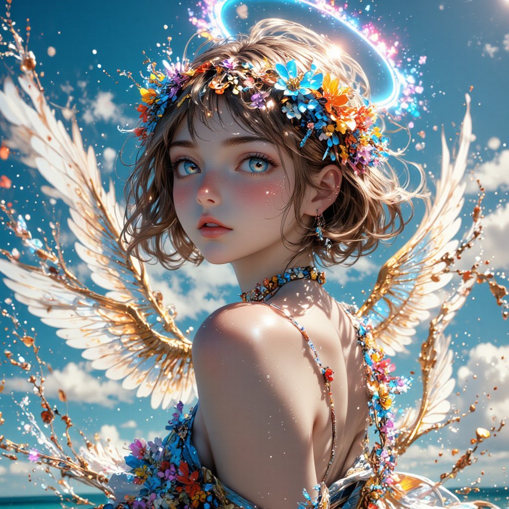 1_beautiful_girl,beautiful,best_quality,good_anatomy,,(8K wallpaper),(best quality, masterpiece, ultra-detailed, illustration:1.2),mid day ,sea,,robin, halo, head wings,cheerful smile,smile,water splash,Midjourney_Whisper,Anime Style