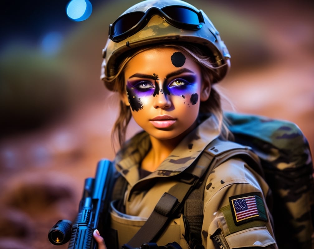 Junior officer, girl army soldier scouting alone (headshot bullet hole midnight Camo Face Paint) though a alien planet looking for targets of opportunity. High resolution, nighttime shot, epic pic