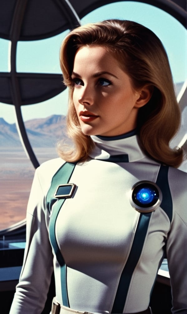  1970retrofuturism, female scientist at a futuristic research facility on an alien planet, tight sci-fi uniform
