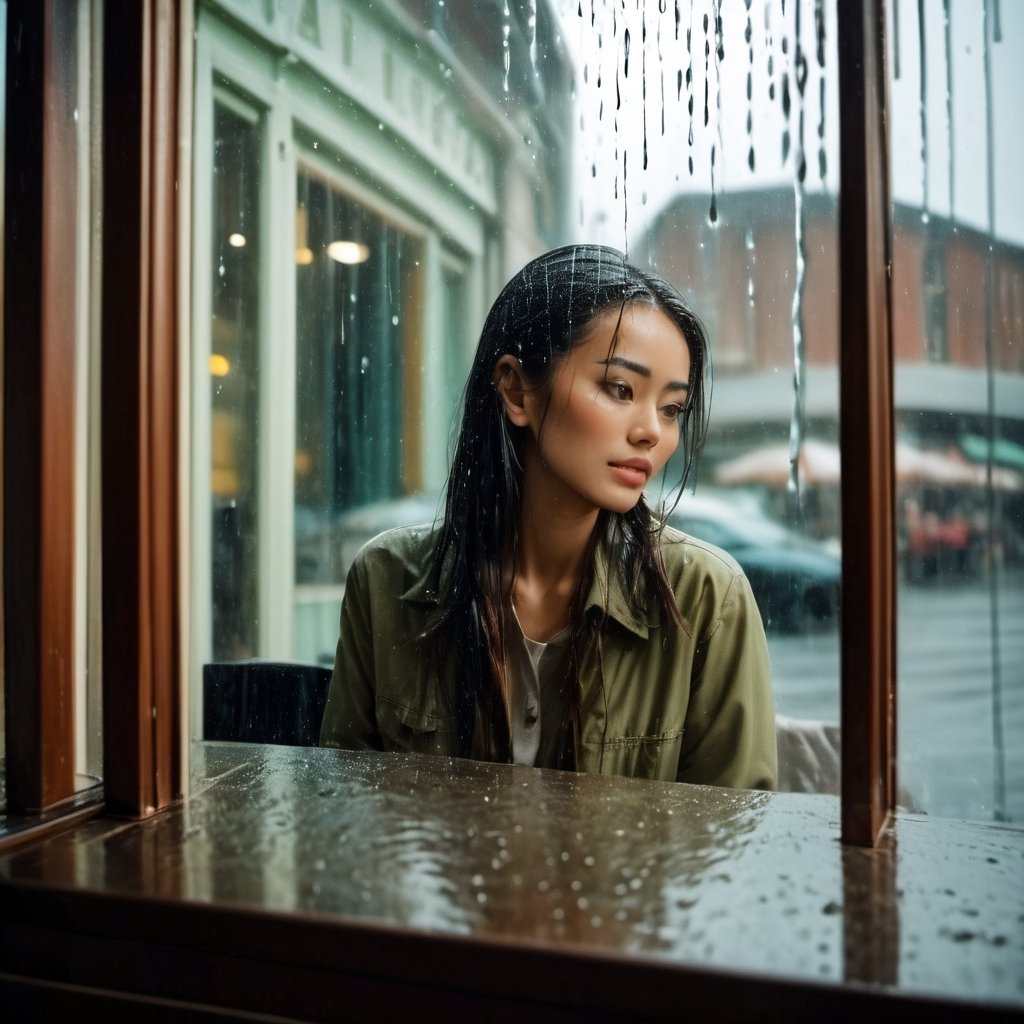  wide angle polaroid photo of a asian woman inside a cafe through a window. many raindrops on the window and very strong reflections on the window. she look far outside blankly. calm nostalgic atmosphere. film grain. kodak portra 800 film.
