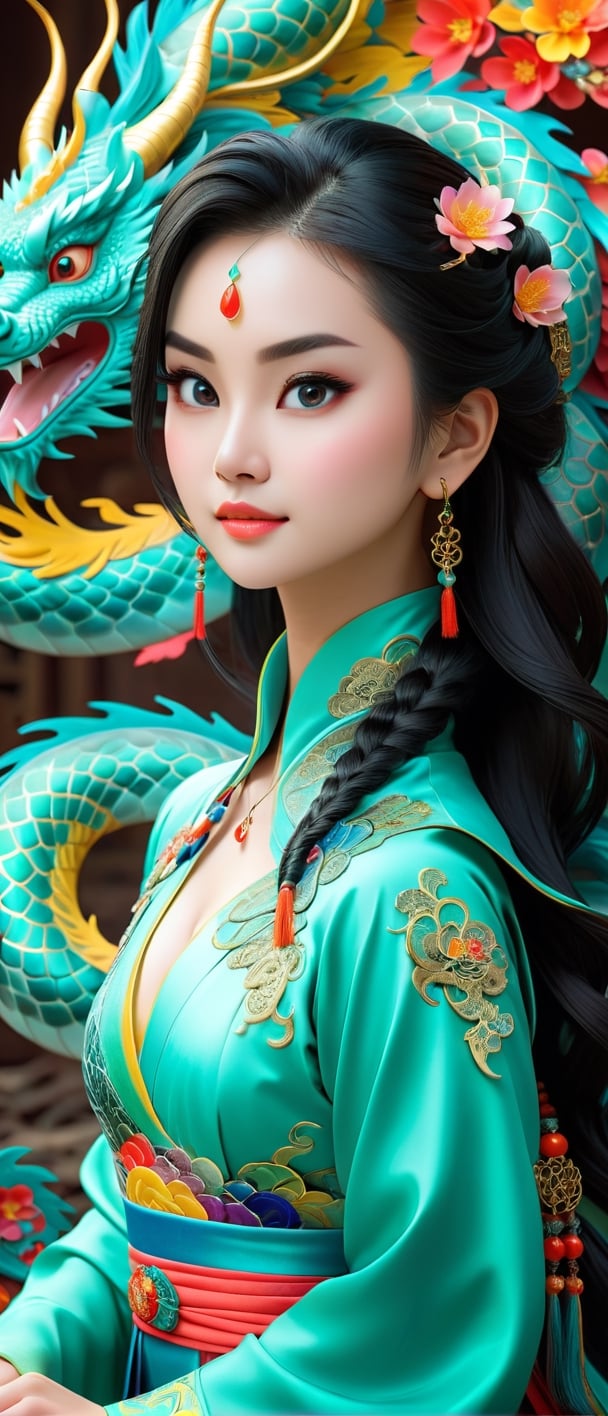 *8k Masterpiece, Top Quality, Best Quality, Official Art, (Beauty and Aesthetics: 1.3), Extremely Detailed, (Fractal Art: 1.3), Colorful, and Chinese Dragon, Serpentine Body, Claw, Cyan and 1 Woman, Han Woman's Media, Hanfu, Cyan
