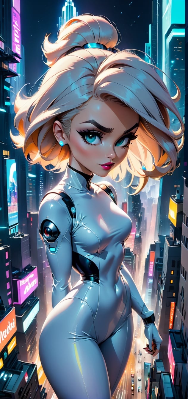 Judy Jetson-inspired woman in a futuristic cityscape: Wearing a retro-futuristic outfit, traversing the bustling streets of a technologically advanced city. (Camera: Medium shot capturing Judy amidst the futuristic cityscape, highlighting the innovative environment.)