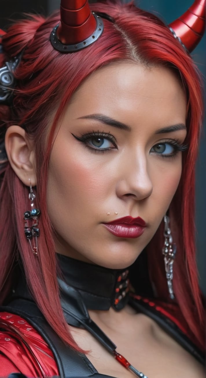 a close up of a woman in a red costume with horns, very beautiful cyberpunk samurai, cyberpunk angry gorgeous goddess, cyberpunk samurai, cyberpunk geisha, hyper-realistic cyberpunk style, portrait of a cyberpunk samurai, cyberpunk horror style, cyberpunk cyborg wasp, advanced digital cyberpunk art, cyberpunk art ultrarealistic 8k, cyberpunk robotic elvish queen, portrait of a cyborg queen 