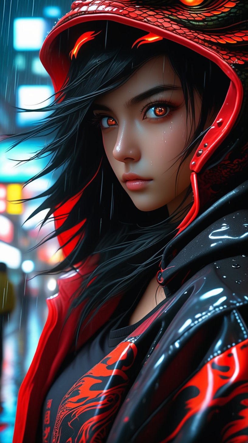 close up photograph, Confident young cyberpunk woman,black color hair,with brown eye,Wear a hoodie with a red dragon pattern, On the streets soaked with rain at night, Photorealistic, Cinematic lighting