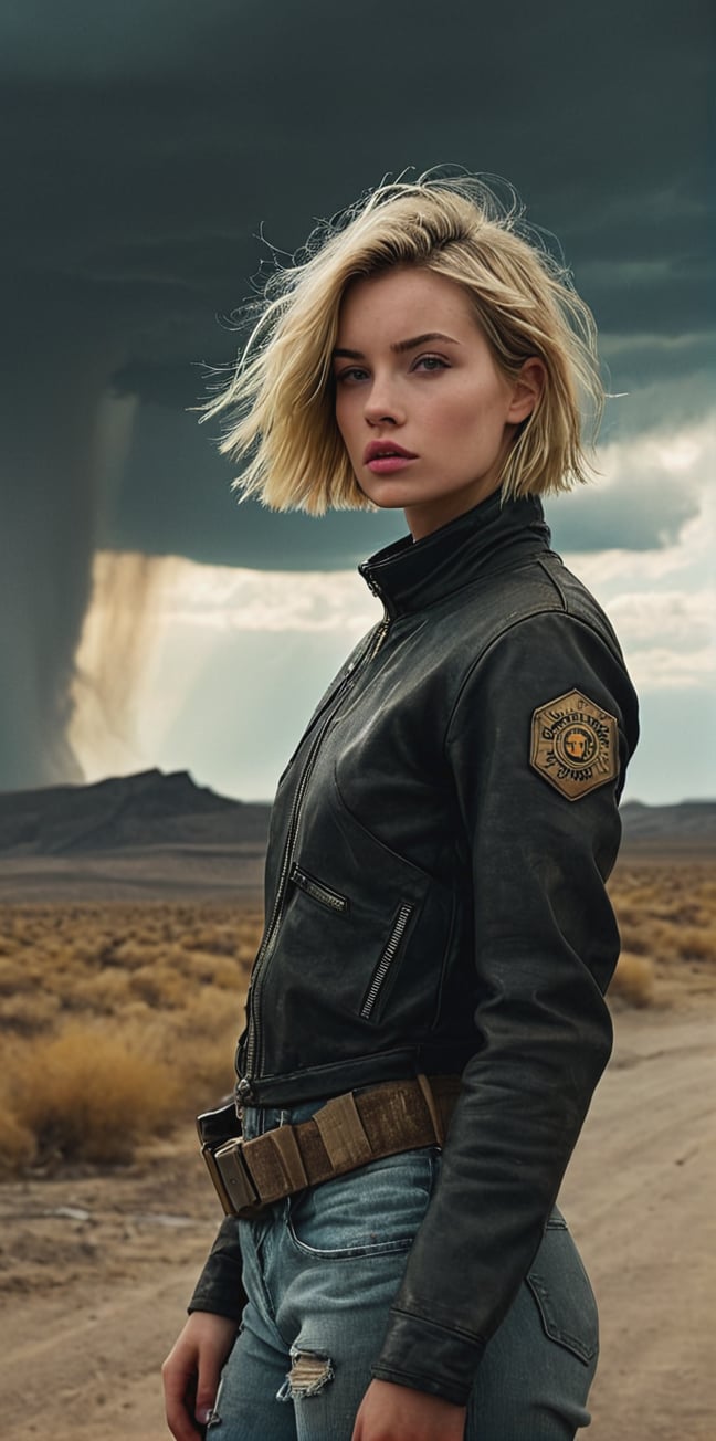 set in the (year 2085),  blonde girl with short hair, detailed desolate post-apocalyptic future background, warm, windy, harmful atmosphere, menacing skies, photography by (TJ Drysdale)