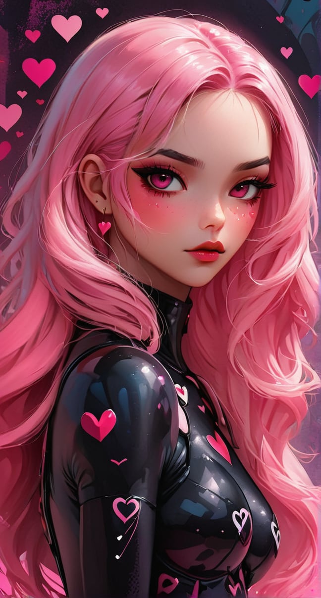 The image provided is a digital illustration of a female character. The character's features are exaggerated and stylized, with prominent pink hair, dark eye makeup, and a contemplative expression. She wears a bodysuit adorned with hearts and the number 9, which could suggest a theme or identity related to the character. The colors used in the illustration are muted yet vibrant, with the pink elements standing out against the softer background. There is no additional context provided within the image itself.