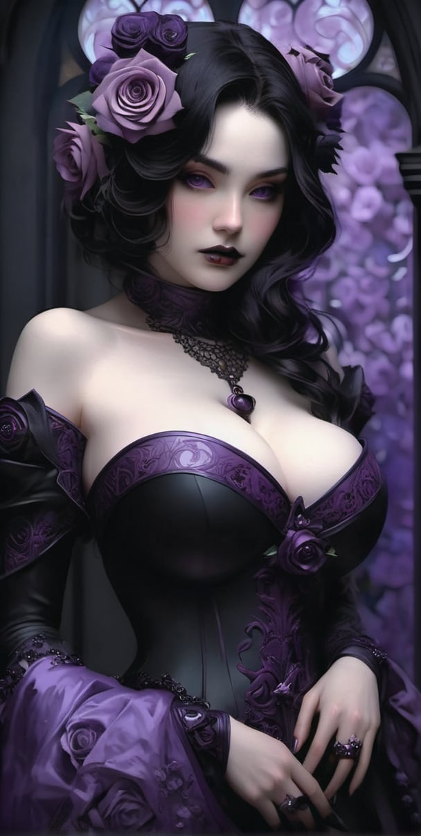 Photorealistic: Gothic Theme: Portrait a close up of a beautiful pale Gothic woman (((,solo, breast with Black and purple Roses on her, very beautiful Dark Gothic Theme, guweiz, intricate body, beautiful Dark fantasy, highly detailed Dark Gothic Dress, ((dark porcelain)) animated character; full body art, beeple and alphonse mucha)))