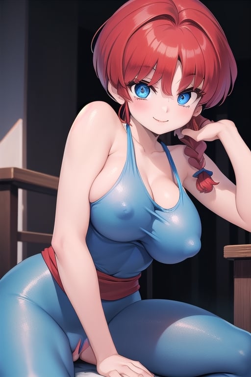 Ranma 
all nude girl blue eyes red hair smile big breasts with her legs open touching her vagina with  one a braid 