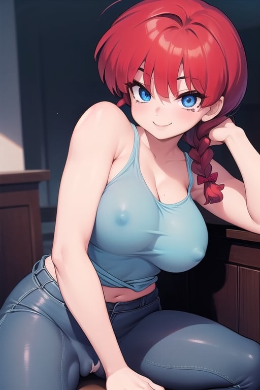 Ranma 
all naked girl blue eyes red hair smile big breasts with her legs open touching her vagina with  one a braid with pubic hair