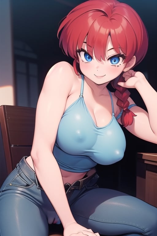 Ranma 
all naked girl blue eyes red hair smile big breasts with her legs open touching her vagina with  one a braid 