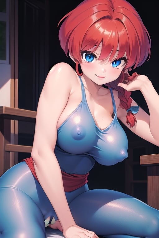 Ranma 
all nude girl blue eyes red hair smile big breasts with her legs open touching her vagina with  one a braid 