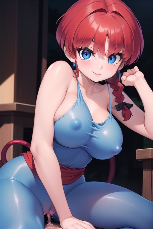 Ranma 
all nude girl blue eyes red hair smile big breasts with her legs open touching her vagina with  one a braid 