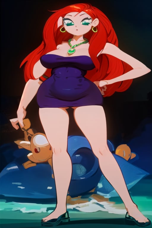 red-haired woman long hair pulled back big eyes with long eyelashes green pendant earrings and necklace with a green pendant of green color large breasts waist girl with large hips shapely legs naked lying on the beach
