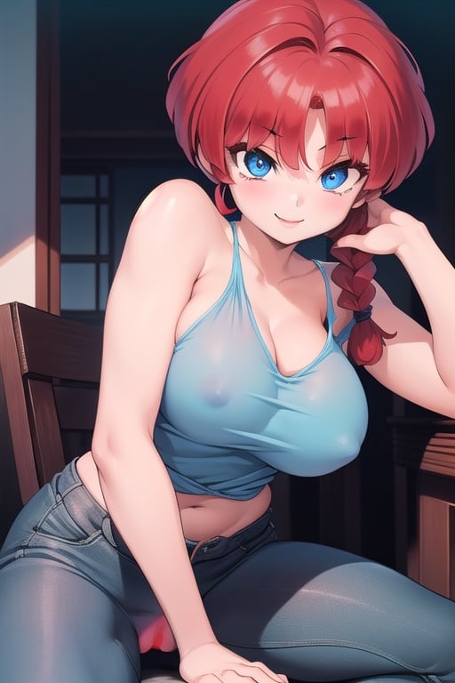 Ranma 
all naked girl blue eyes red hair smile big breasts with her legs open touching her vagina with  one a braid 