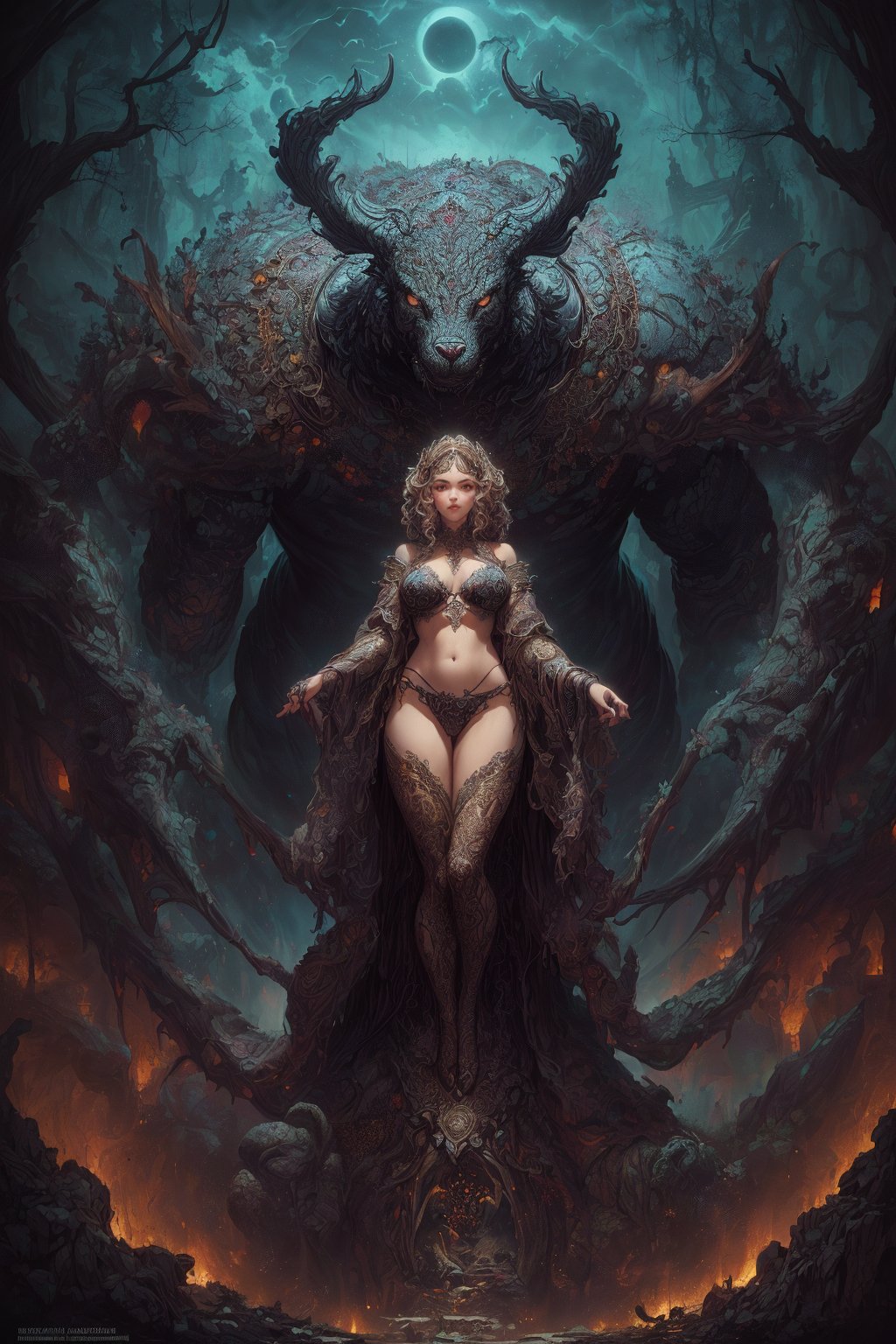 (masterpiece,extremly intricate details),1girl in bikini standing infront of giant monster,Darkness falls across the land the midnight hour is close at hand creatures crawl in search of blood horror best quality highres highly detailed intricate,(style of Karol Bak,style of Emily Balivet,style of John Blanche:1.4),illustration,oil painting,cinematic 