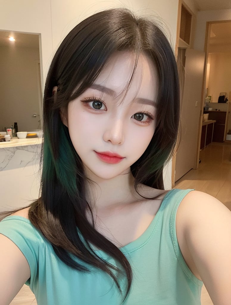 (1 cute Korean star) Shoulder-length hair, light makeup, green shirt, selfie, fron in the house, clear facial features of Canon EOS, realistic photo with 8K high resolution, crisp and vivid details.