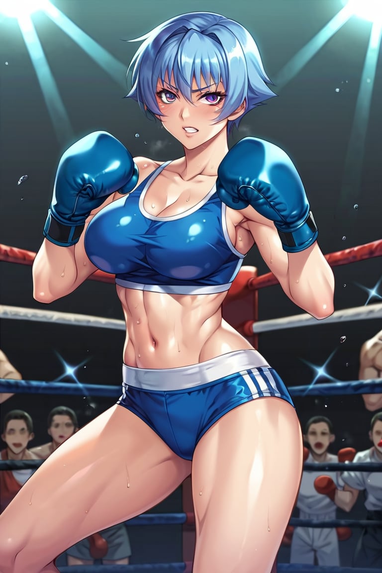 score_9, score_8_up, score_7_up, score_6_up, BREAK source_anime, by aoi nagisa \(metalder\), 1girl, tank top, boxing girl, boxing ring, blue short, boxing gloves, masterpiece, best quality, very aesthetic, absurdres