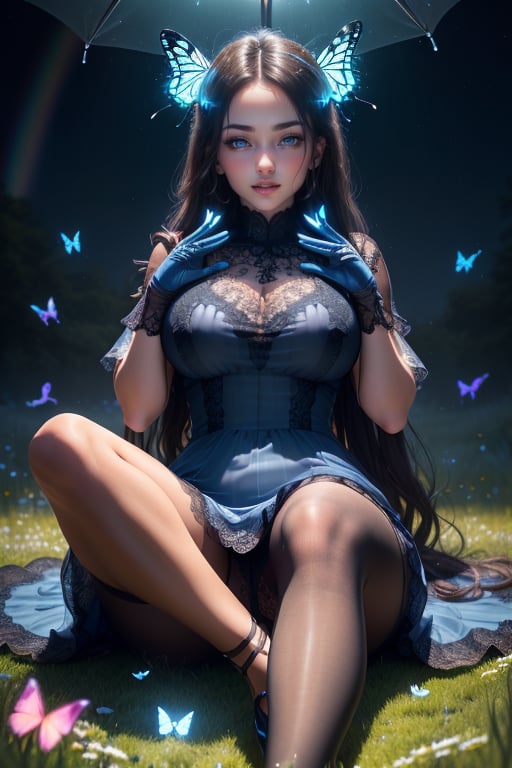 (masterpiece:1.2, best quality:1.2),(intricate details),(ultra-detailed, high resolution, extremely detailed cg), (see-through:1.7), 1girl, (Sitting on the grass:1.3), happy, happy, innocent and lovely.(long hair), (dark blue eyes:1.3),(lace trim transparent light blue dress:1.4),(unbuttoned:1.3), (large_breats:1.3), puffy nippls, Protruding nippe, (thick legs:1.1, cameltoe:1.2, Glossy pantyhose:1.3, stiletto heels:1.2), (dancing),(fluorescent butterflies:1.45),(rainbow, meadow:1.4),two hands with five delicate fingers, masterpieces, perfect anatomy, perfect real detailed, 24k wallpaper, spring rain,(detailed lips,detailed eyes, beautiful eyes:1.35),(hands up,lace gloves:1.4),(two hands,two legs:1.2),(night,mystic,magical lights:1.45)