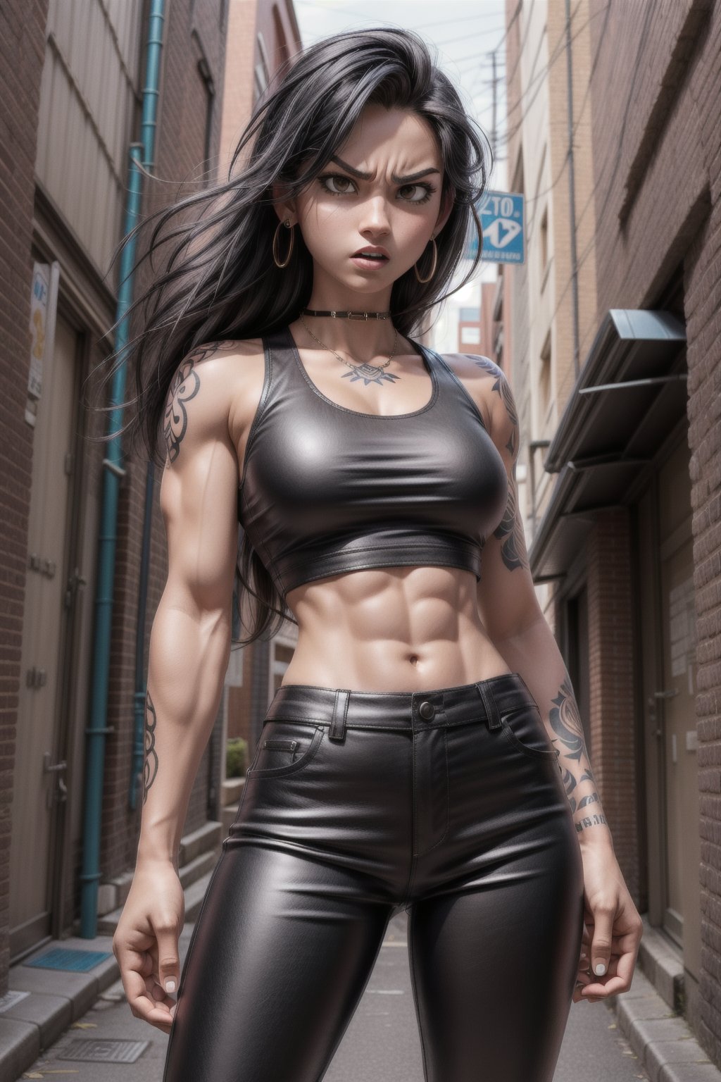 Very muscular girl, black hair, sleeveless tank top, leather pants, angry expression, tattooed, city alley