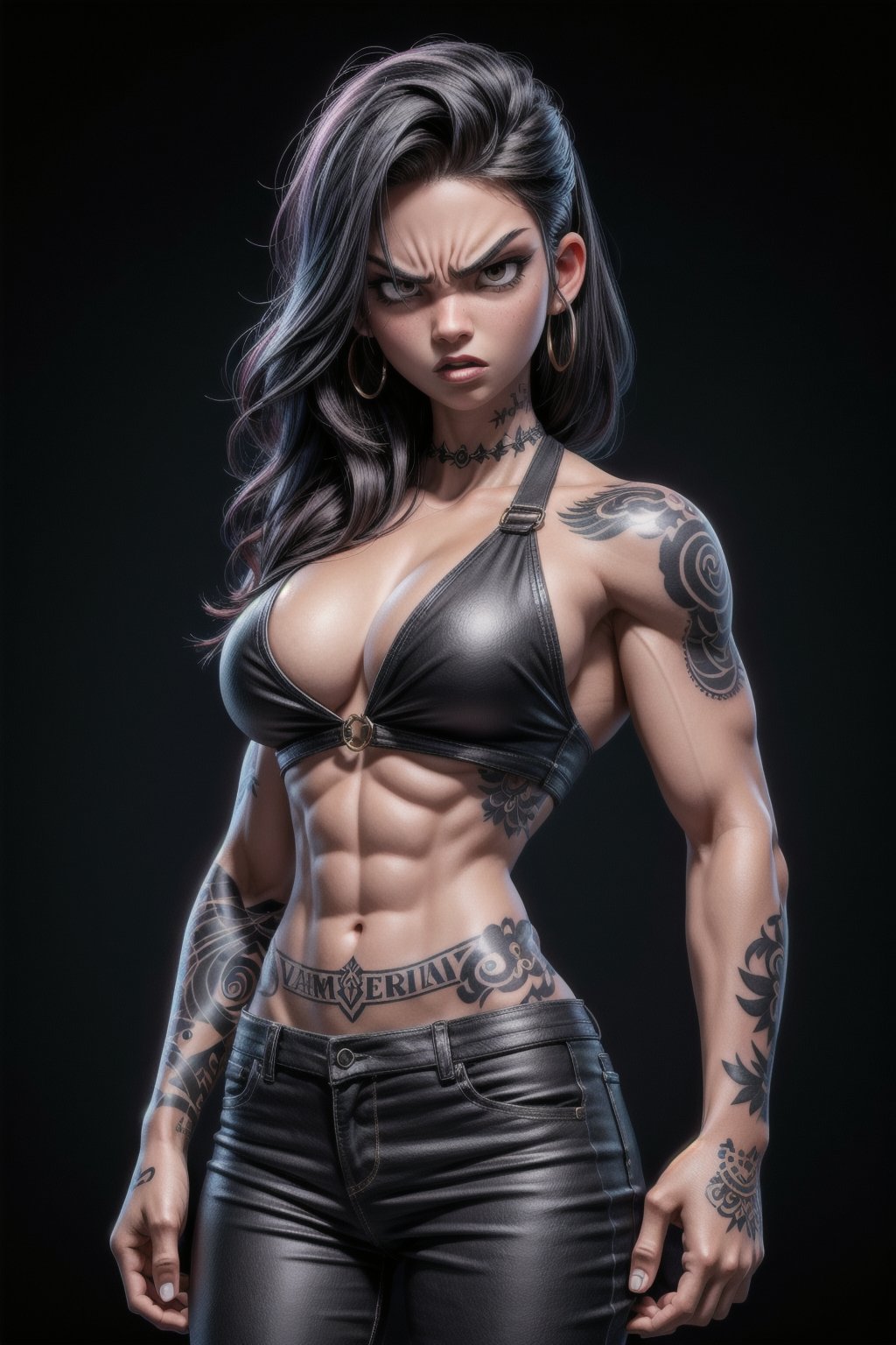 Very muscular girl, black hair, angry expression, tattooed,1boy