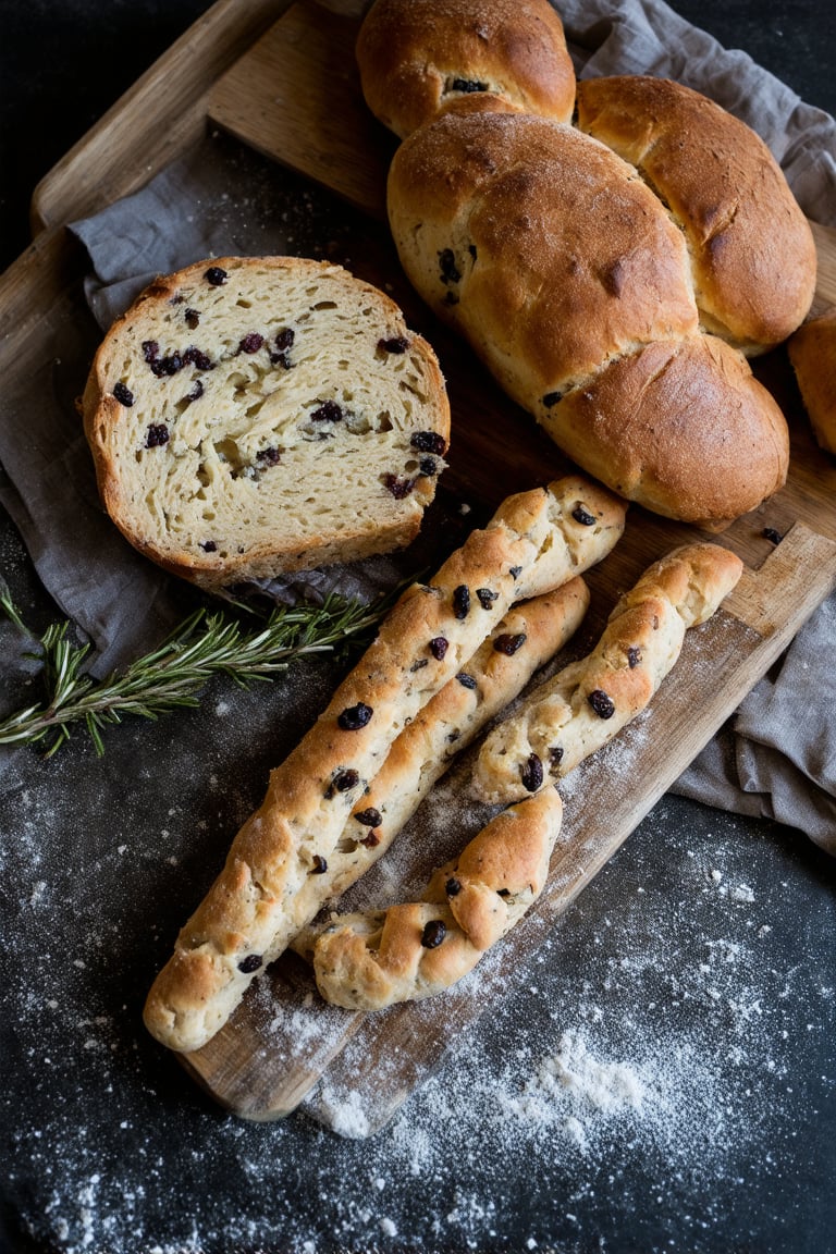 The image showcases a rustic setting with artisanal breads and breadsticks. On the left, there's a round loaf with a golden-brown crust, partially sliced to reveal a soft, airy interior with dark specks, possibly raisins or olives. Adjacent to it is a long, elongated breadstick with a rough, porous texture and a dusting of flour. In the foreground, there are three breadsticks with a similar porous appearance, lying parallel to each other. The scene is accented by a sprig of fresh rosemary, adding a touch of greenery and hinting at herbal flavoring. The backdrop is a dark, textured surface, and the scene is framed by a wooden tray and a piece of gray cloth, which adds to the rustic ambiance.