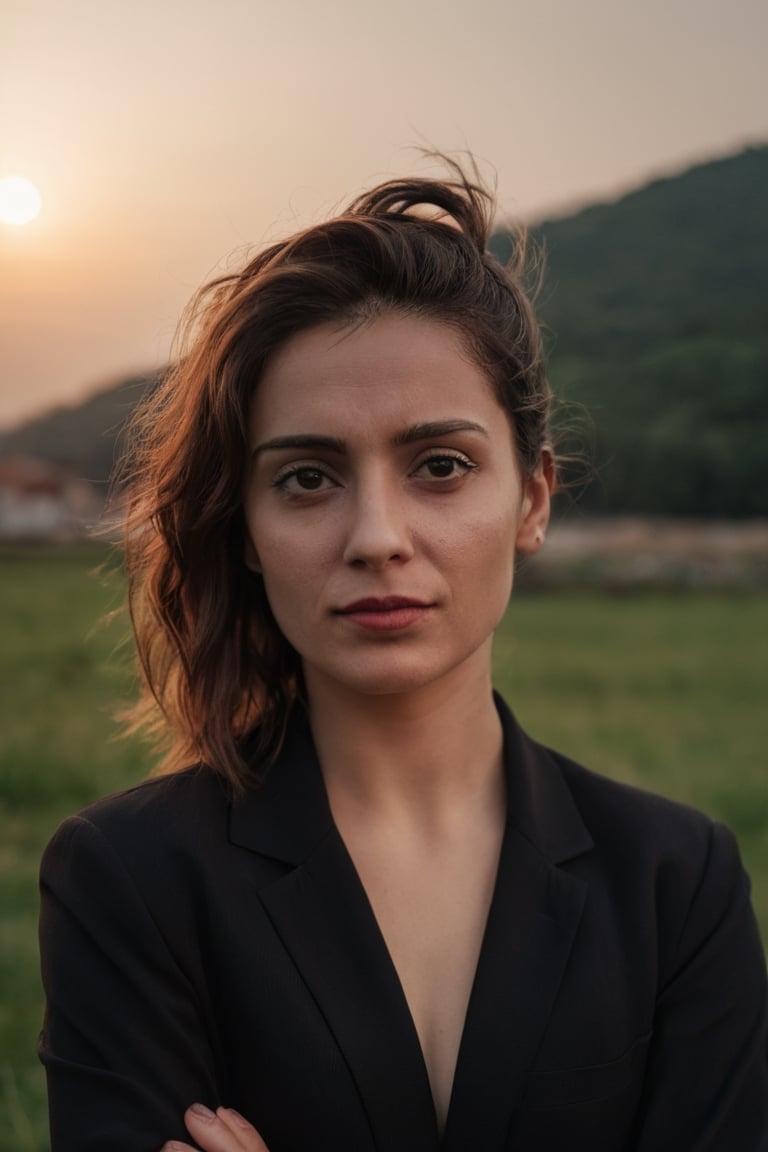 analog style portrait of (woman), (emotion), looking at the camera, f1.4 lens, dramatic composition, cinematic lighting, (secondary emotion), (third emotion), (extra details),(upper body:1.7)