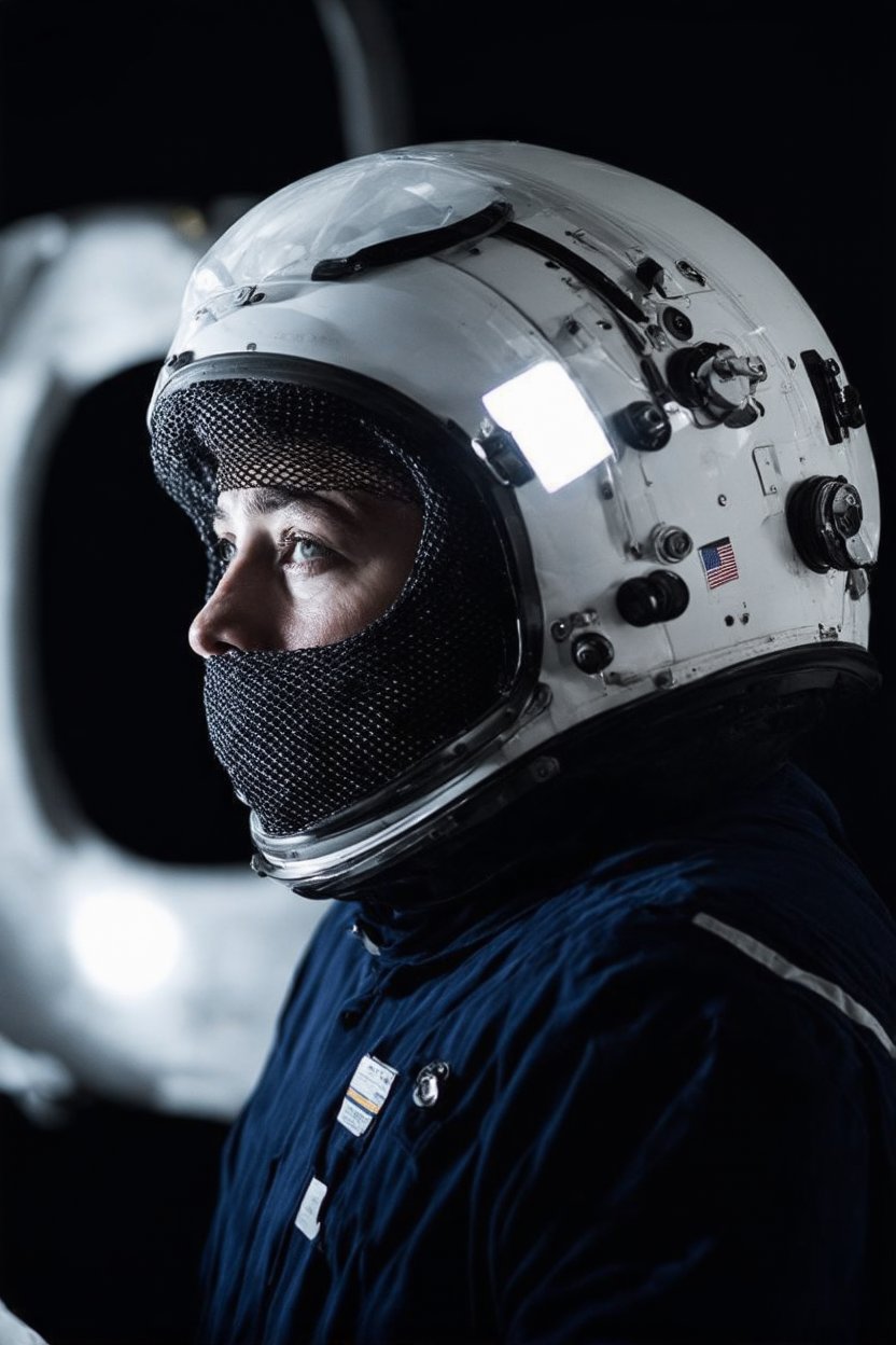 This image depicts a person wearing a space helmet, which is a crucial piece of equipment for astronauts to protect them from the harsh conditions of space. The helmet is transparent, allowing us to see the person's face, which is turned slightly to the side, giving a profile view. The person's face is illuminated with a soft light, highlighting their features and creating a contrast against the darker background. The helmet is equipped with a black mesh-like fabric that covers the top, possibly for ventilation or to hold communication devices. The suit appears to be white with blue stripes, which is a common color for space suits as it is easily visible in space and can signify affiliation with a particular space agency. The background is blurred but suggests a technologically advanced setting, possibly the interior of a spacecraft or space station, with various lights and equipment. The overall mood of the image is one of contemplation and wonder, capturing the vastness and mystery of space.