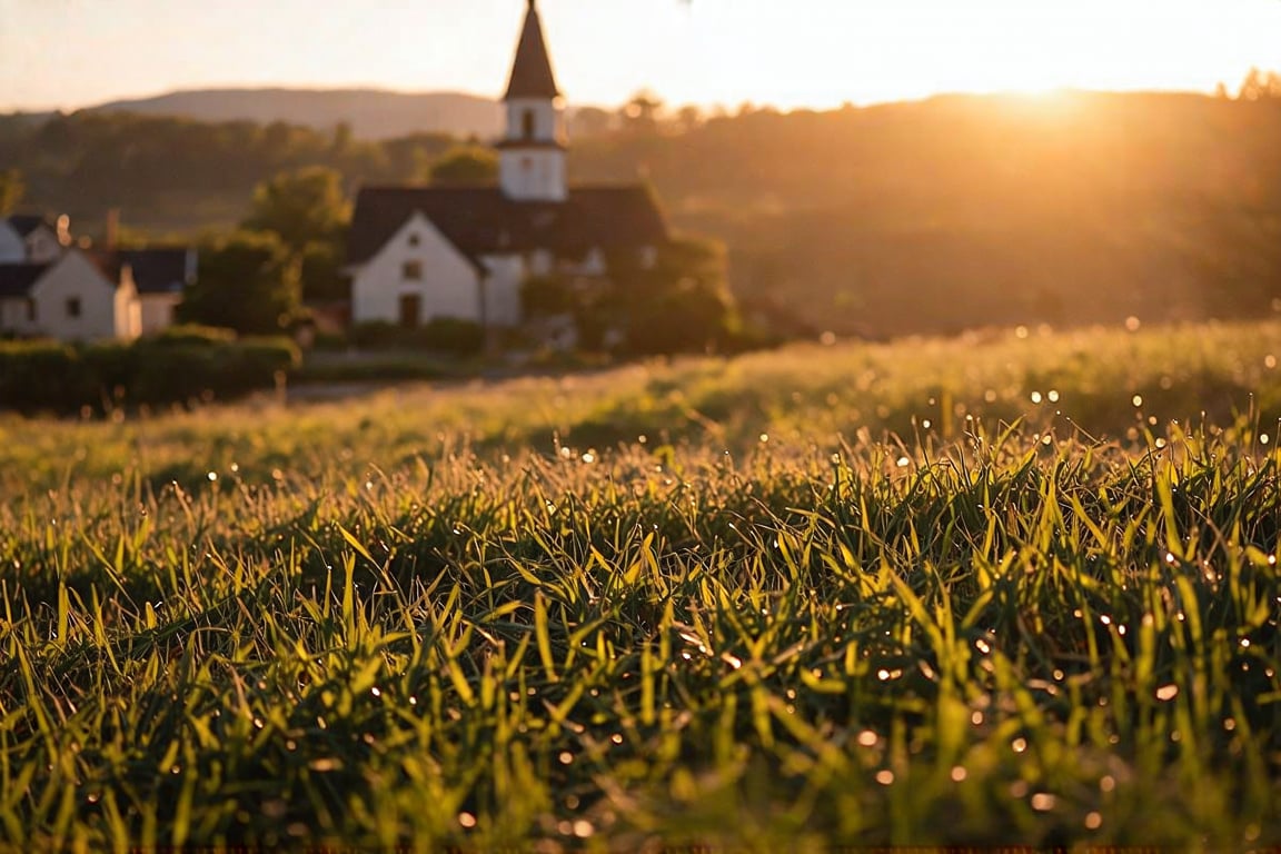 The photo is a picturesque scene of a sunlit landscape, likely taken during the golden hour, which is shortly after sunrise or just before sunset. The sun casts a warm, golden light that creates a bokeh effect on the grass, which is dew-kissed and glistens in the sunlight. The background features a charming town or village with buildings that have a European architectural style, including a church with a pointed steeple. The foreground is dominated by the dew-covered grass, which is a lush green and appears to be freshly watered or dew-laden, giving it a vibrant and dewy texture. The overall mood of the photo is serene and peaceful, evoking feelings of tranquility and the beauty of nature. The style of the photo is somewhat dreamy and ethereal, enhanced by the soft focus and the play of light and shadow. The composition is balanced with the sun positioned in the background, creating depth and perspective. The person in the photo is not visible, which adds to the sense of mystery and allows the viewer to fully immerse themselves in the scene. The person's absence also emphasizes the natural beauty and serenity of the landscape, inviting the viewer to imagine themselves in this peaceful setting.