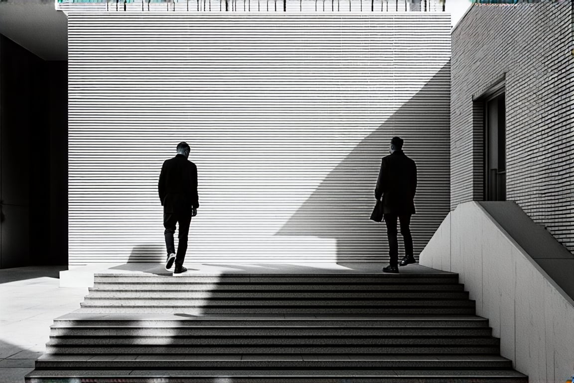 The photo is a black and white architectural image that captures a moment of two individuals ascending a flight of stairs. The style is minimalist and modern, with a focus on geometric shapes and clean lines. The building behind them has a symmetrical facade with evenly spaced windows and a flat roofline. The shadows cast by the stairs and the people add depth to the image, creating a contrast between light and dark that emphasizes the architectural features. The individuals appear to be dressed in contemporary attire, suggesting a modern setting. The overall mood of the image is serene and contemplative, with a sense of order and balance.