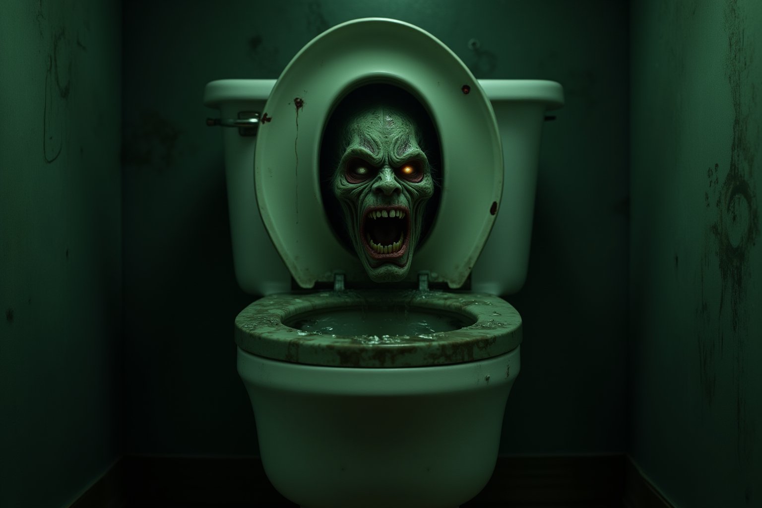 A macabre portrait: In a dimly lit, eerie green-tinged chamber, a porcelain toilet bowl looms large in a haunting close-up. A disembodied head emerges from the bowl's opening, its twisted visage contorted into a wicked scowl. Glowing eyes and a menacing snarl seem to sear themselves into the darkness, while shadows writhe across the walls like dark tentacles.