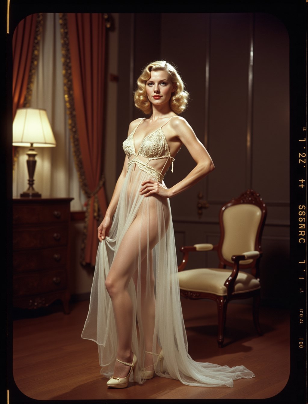 A flirtatious woman in a translucent 1940s nightgown, posed elegantly on a vintage film set, with film grain and an old-frame effect in Super Panavision 70.
