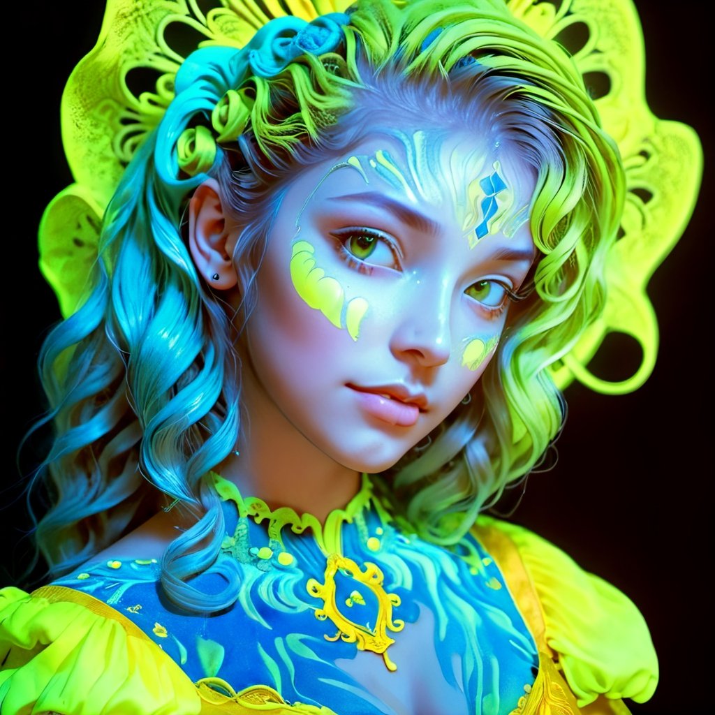 Renaissance style with a girl - realistic, perspective, light and shadow, religious or mythological themes, highly detailed.
,3d toon style,blacklight makeup,DonML1quidG0ldXL ,neon photography style,Niji Slime