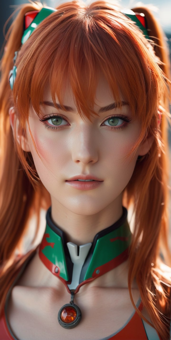 body art portrait of beautiful woman, Asuka Langley from Evangelion, post apocalyptic, charismatic looks, beautiful face, pale skin, nice hot eyes, photorealistic,maximum texture,
 Perfectionism, Cinematic Lighting, extremely detailed , Post-Production, 8K,realistic shaders effects,Spirit Fox Pendant