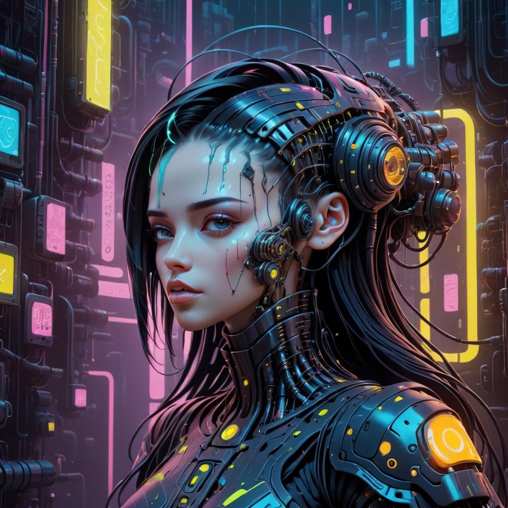 Biomechanical cyberpunk artwork with a girl - cybernetics, human-machine fusion, dystopian, organic meets artificial, dark, intricate, highly detailed.
,dripping paint,neon photography style,portrait_futurism,3d toon style