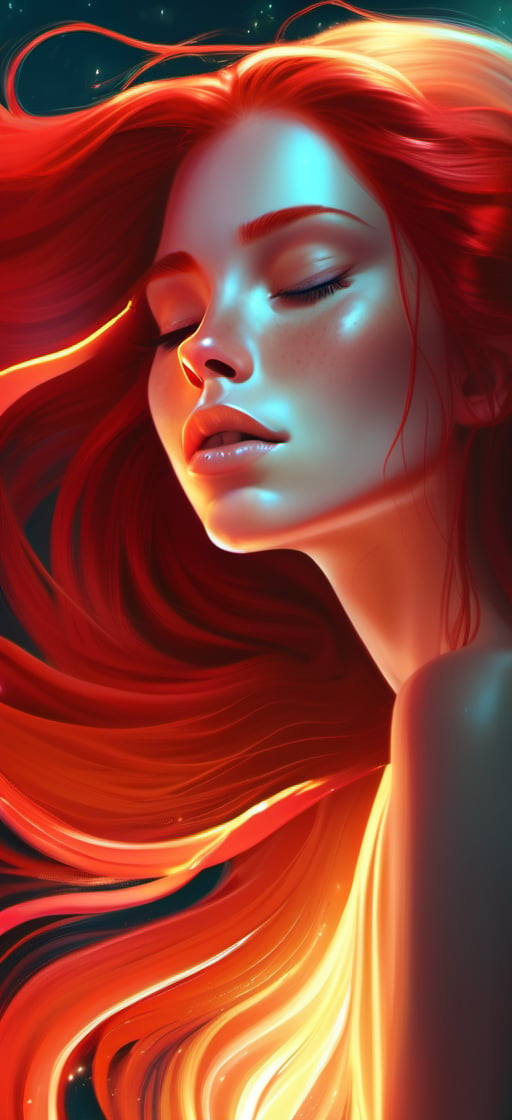 a painting of a woman with long red hair, digital art by Cyril Rolando, zbrush central contest winner, digital art, glossy digital painting, glowing flowing hair, flowing glowing hair
