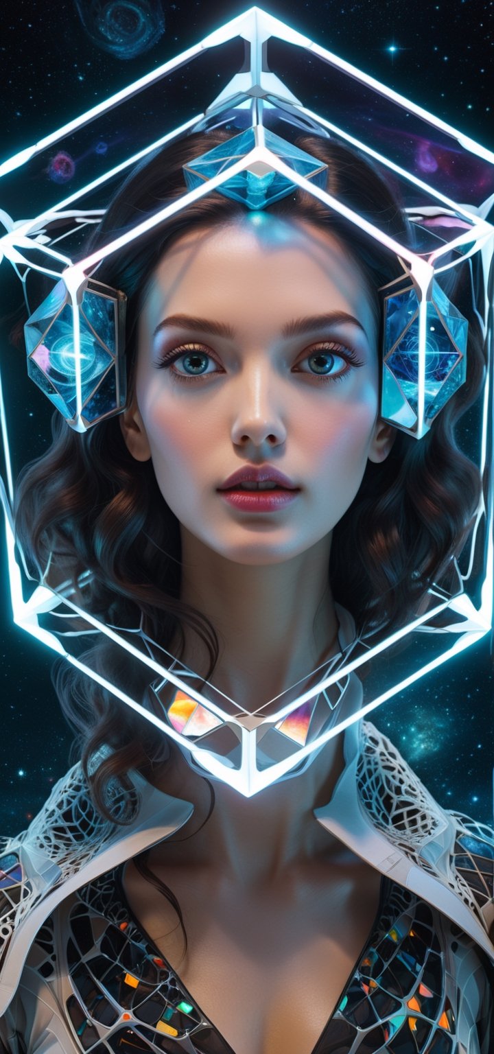 "Enter the surreal with a breathtaking depiction of a stunning woman immersed in a hypercube, merging two gravity worlds through a unique lens – an AI masterpiece!"
