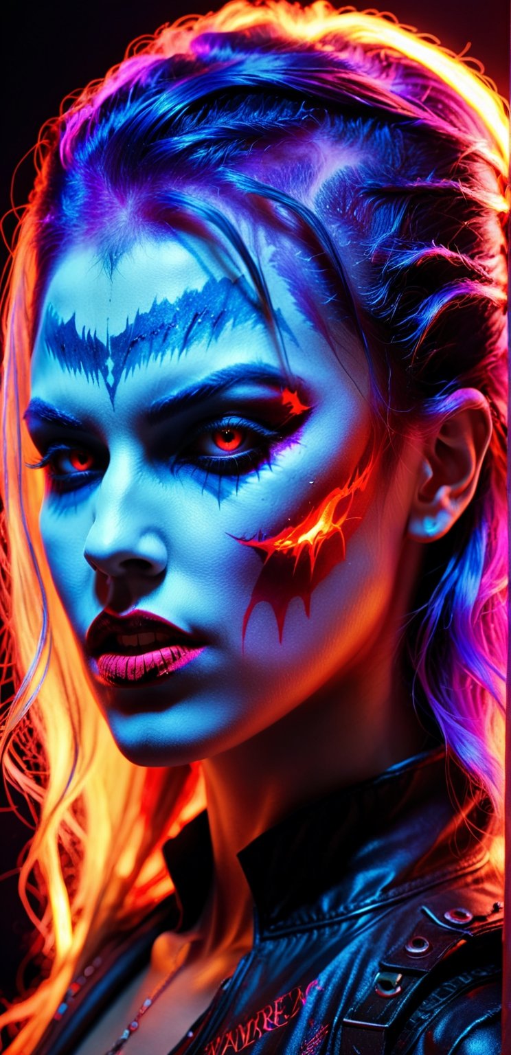 "Inspired by 'vampire,' this artwork portrays a female warrior's defiance, blending the haunting lyrics with hyperreal scenes of dystopian rebellion."
,blacklight makeup