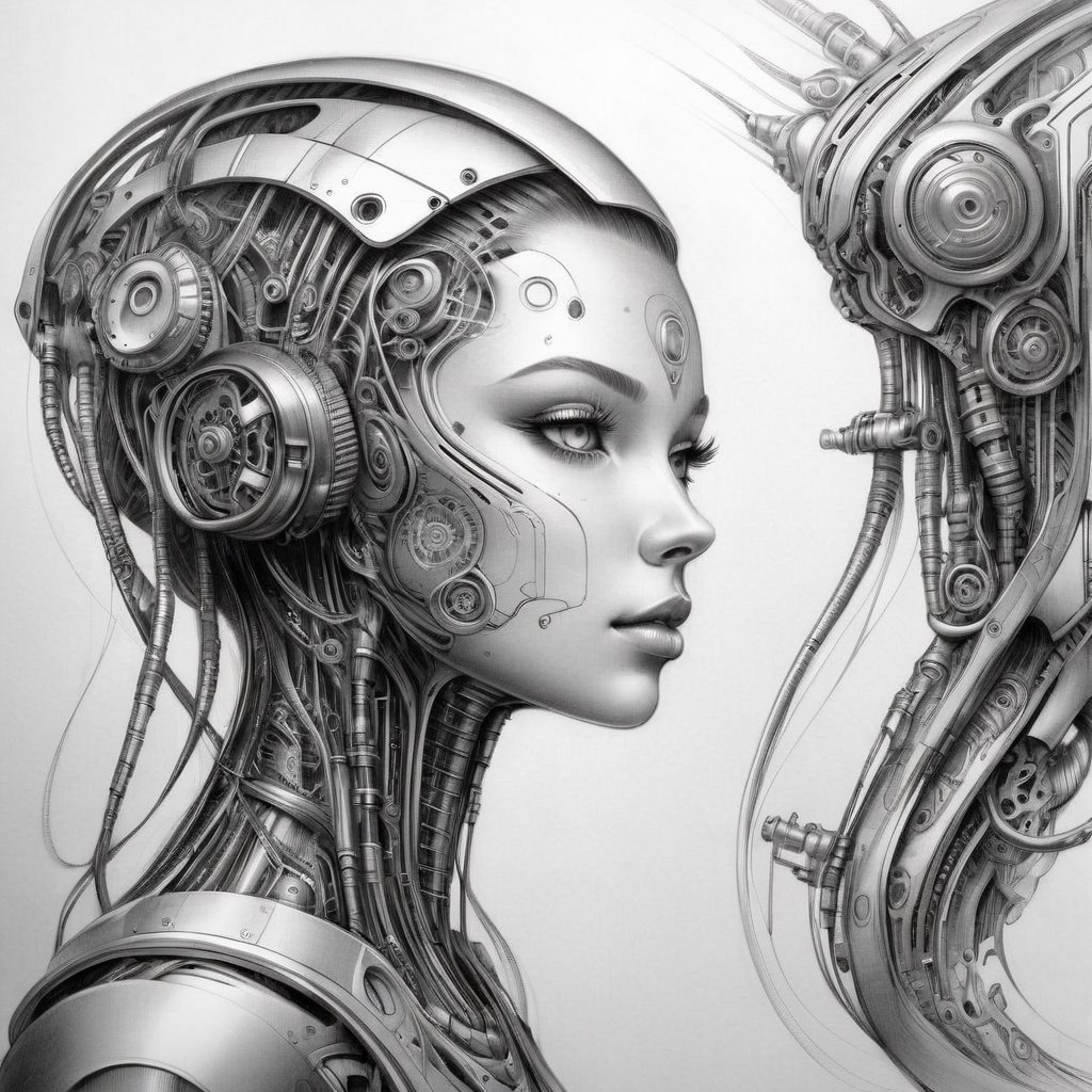 Biomechanical style with a girl - blend of organic and mechanical elements, futuristic, cybernetic, detailed, intricate.
,pencil sketch