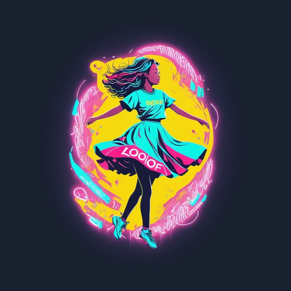 Typographic art featuring a girl - stylized, intricate, detailed, artistic, text-based.
,tshirt design,A girl dancing ,neon photography style,lofi,Leonardo Style