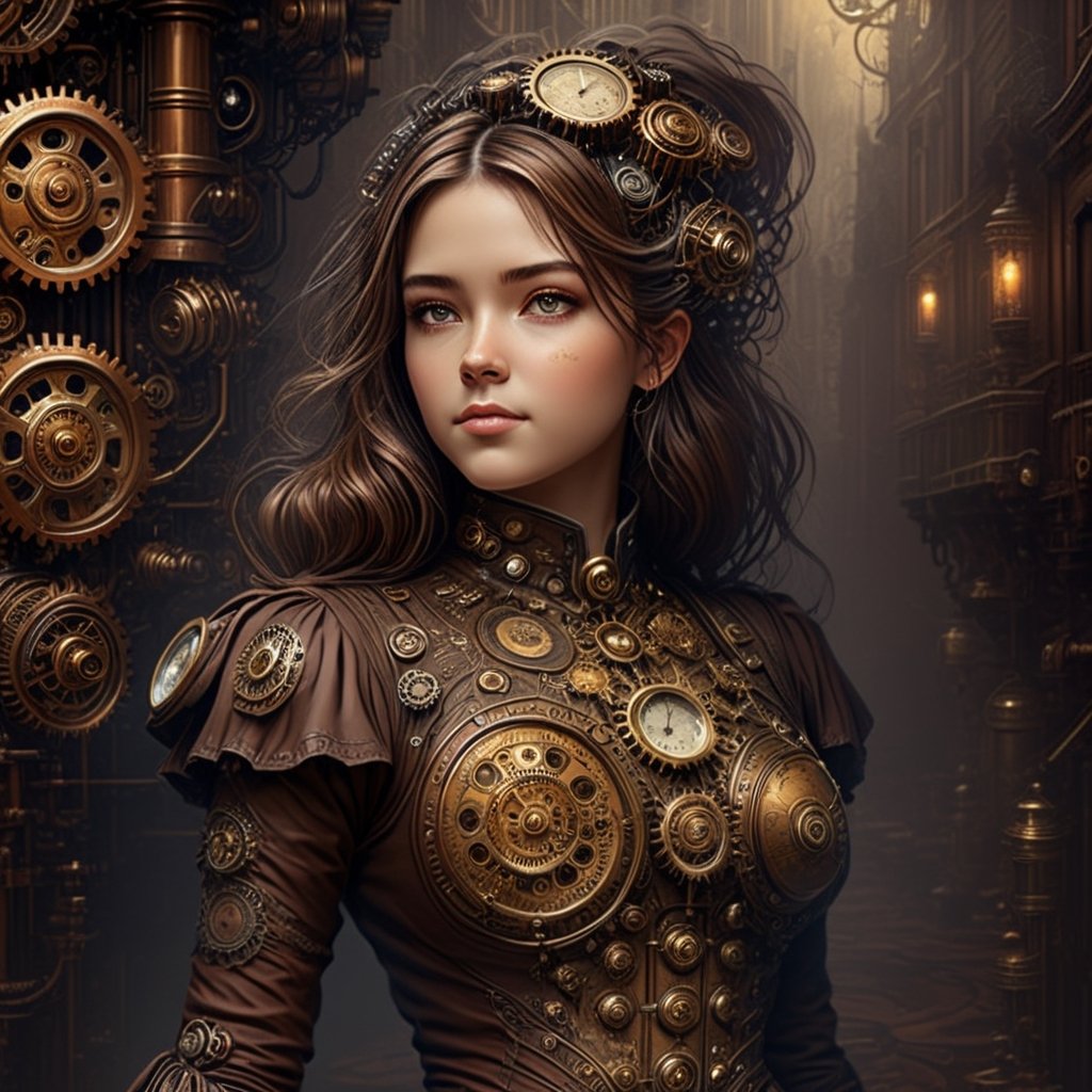 Steampunk style with a girl - antique, mechanical, brass and copper tones, gears, intricate, detailed.
,beautymix,steampunk style,cyborg style,DonMASKTexXL ,aw0k geometry